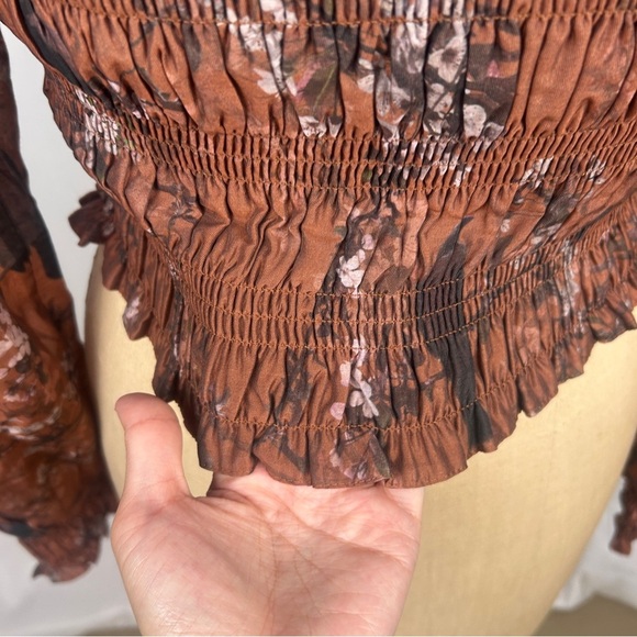 All Saints Pria Viola Silky Floral Smocked Brown Blouse Long Sleeve Top Size 12 - Picture 7 of 12